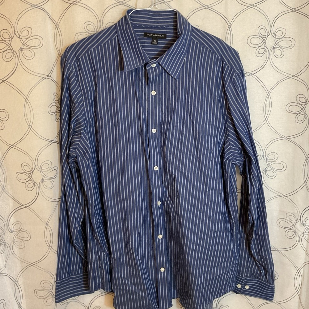 Men's Banana Republic Blue White Stripe Long Sleeve Button Up Size XL